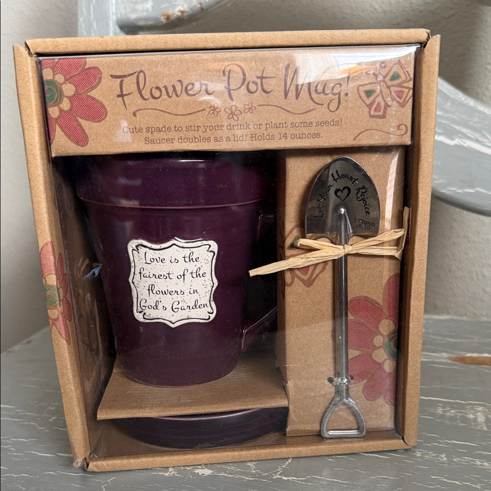 Purple Flower Pot Mug Gift Set with Saucer and Spade